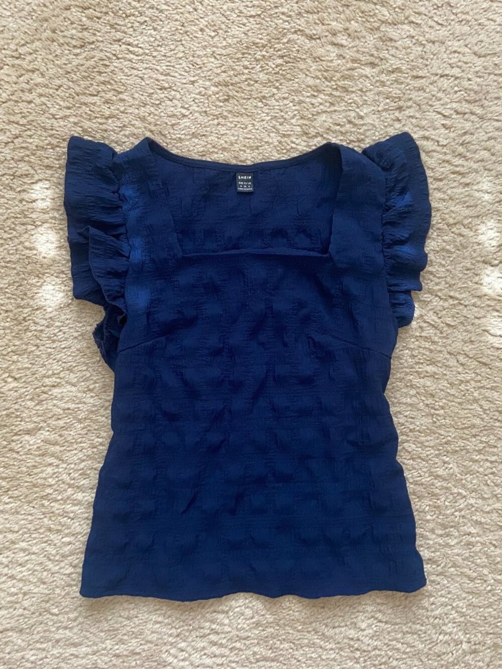 SHEIN Navy Blue Textured Ruffle Sleeve Blouse Top Size Small